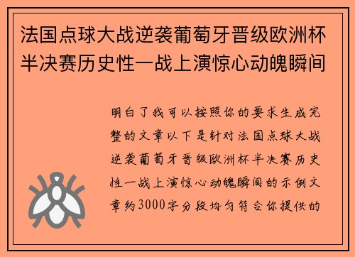 法国点球大战逆袭葡萄牙晋级欧洲杯半决赛历史性一战上演惊心动魄瞬间